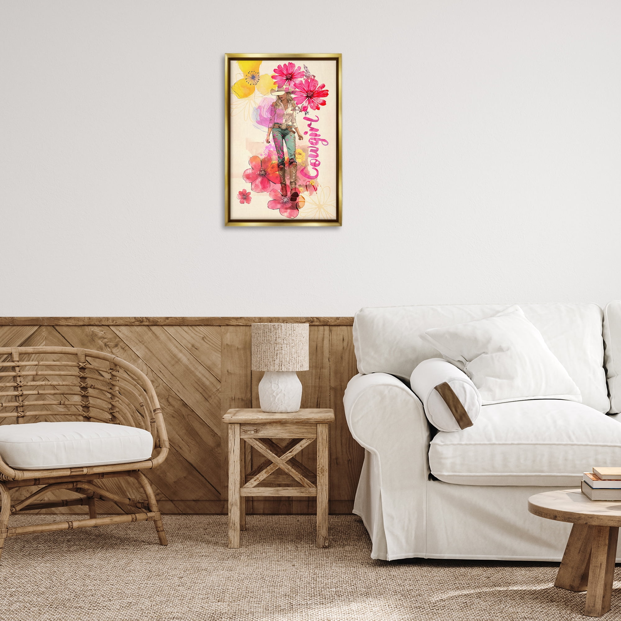 Stupell Industries Fancy Floral Cowgirl People Painting Gold Floater Framed Canvas Art Print Wall Art, 17 x 25