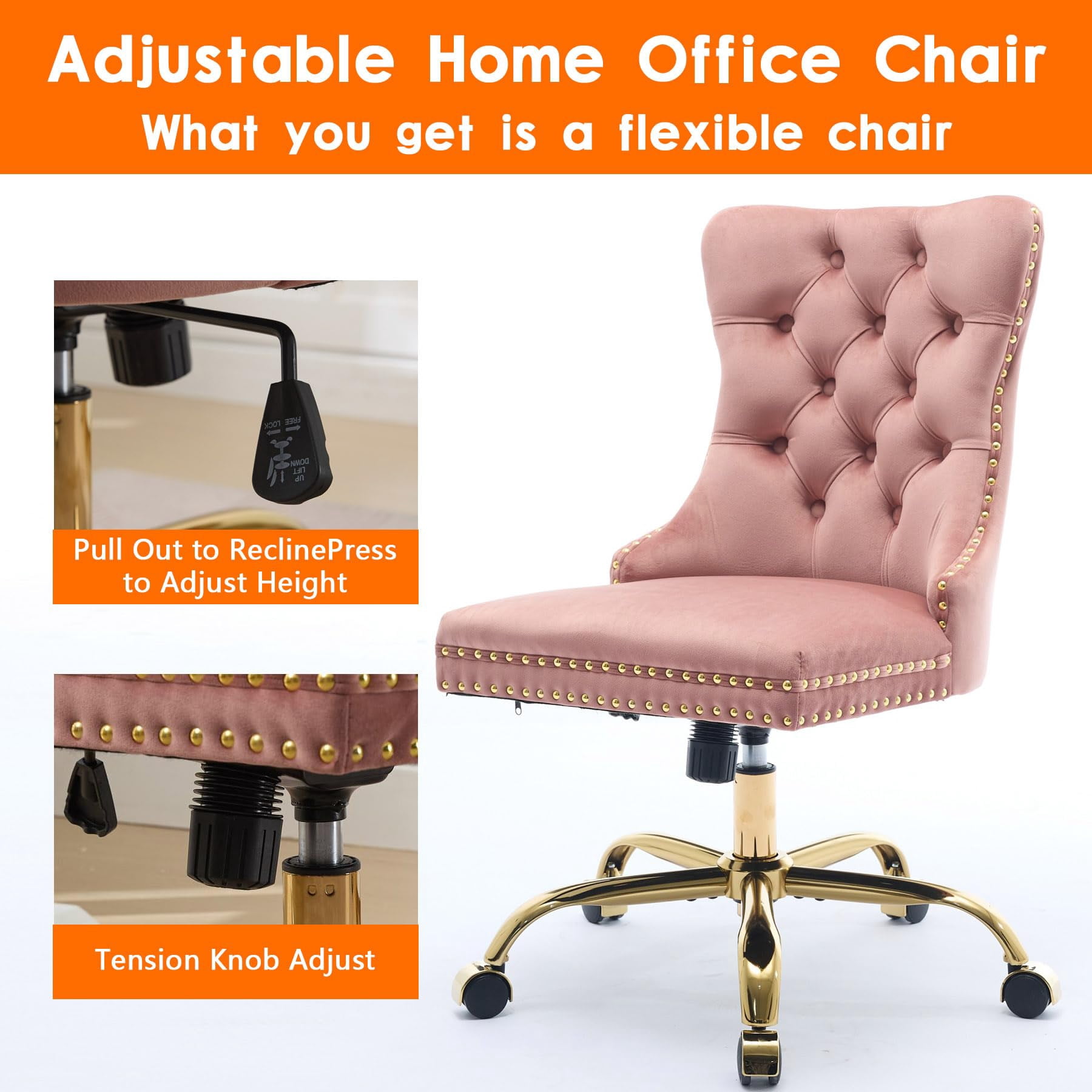 Pawverly Velvet Upholstered Office Chair, Tufted Button Swivel Desk Chair with Adjustable Height, Gold Metal Base & Wheels, Modern Vanity Chair, Pink