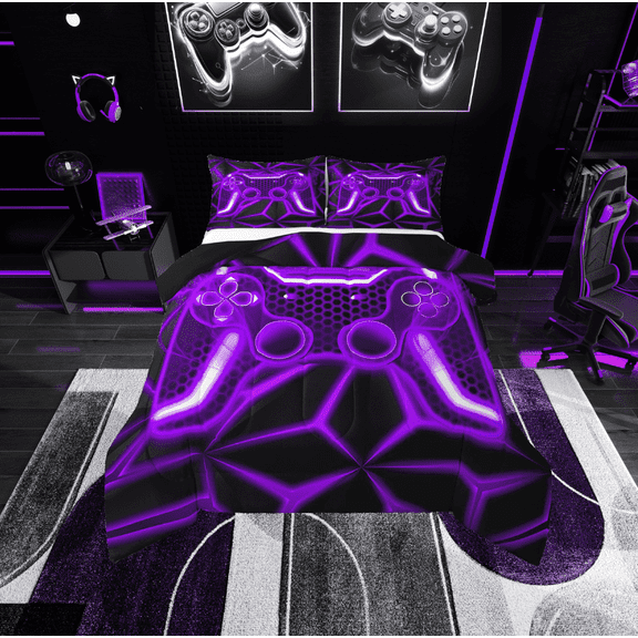 Erosebridal Purple Gamepads Bedding Twin Comforter Set,Video Game Down Comforter,Geometric Plaid Bedding Sets Twin with Comforter,Microfiber Male Bedroom Decor,Reversible,2-Piece