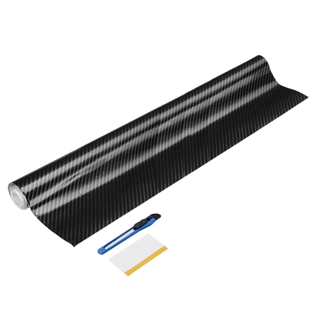1 Set Carbon Fiber Vinyl Wrap 19.69" x 5ft Self-Adhesive Car Sticker Waterproof Wrap Roll for DIY Decor Automotive Exterior Interior Protection with Scraper Tool, Silver Black