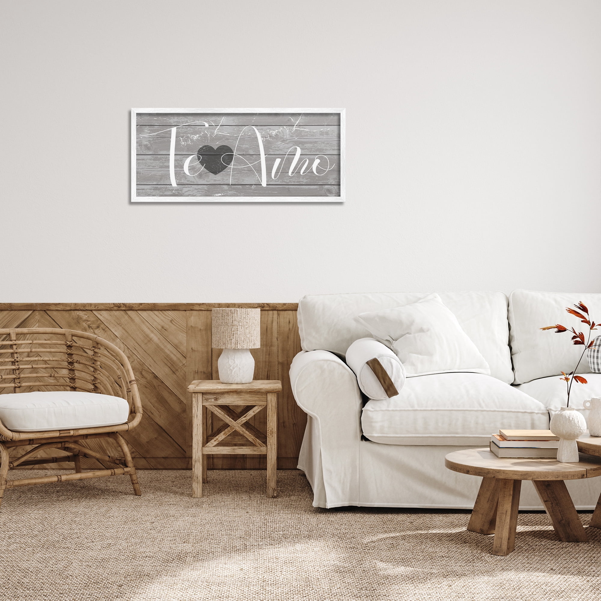Stupell Industries Te Amo Romantic Rustic Typography Painting White Framed Art Print Wall Art, 30 x 13