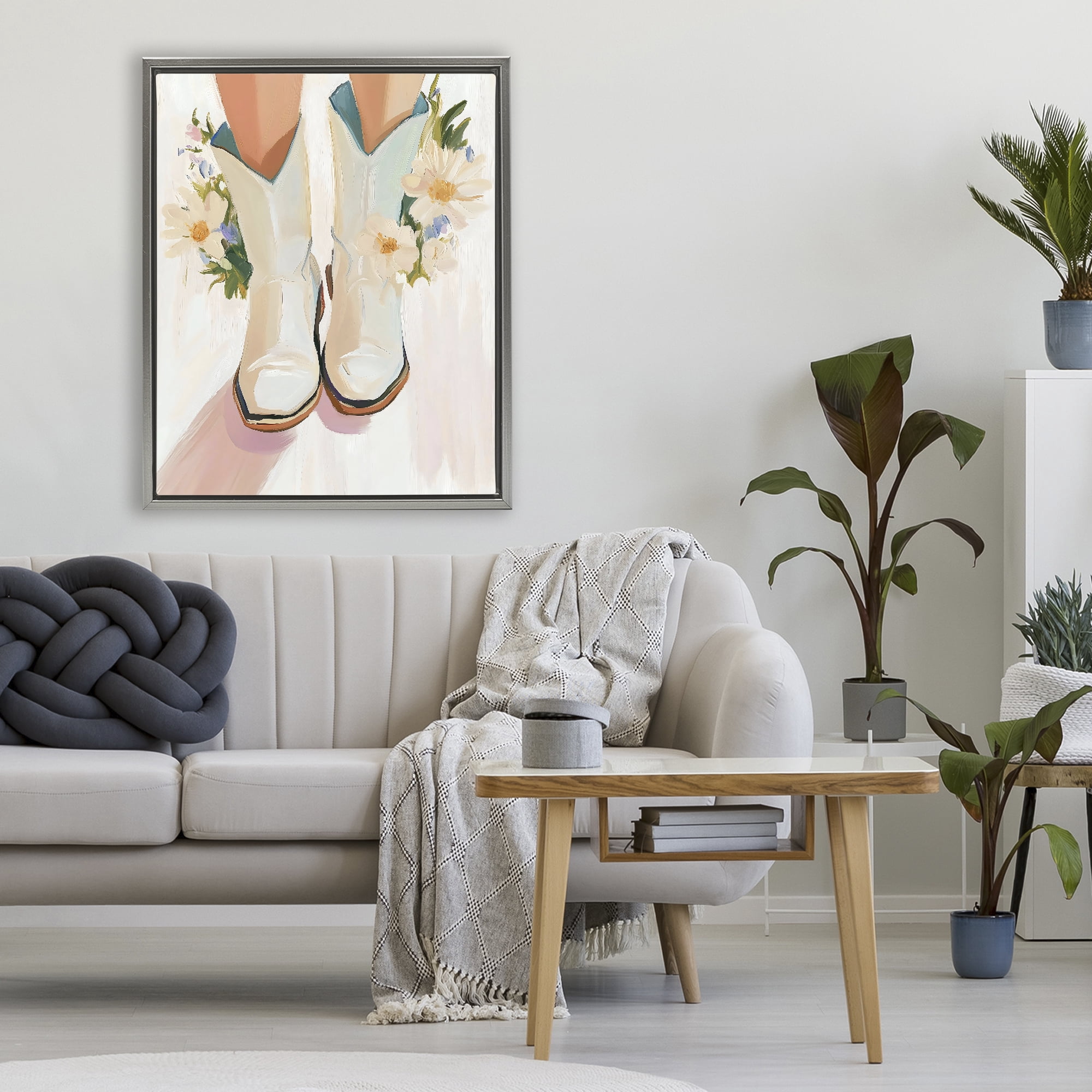 Stupell Industries Blooming Cowgirl Boots Gray Framed Floater Canvas Wall Art, design by The Prints Vibe