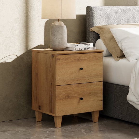 WAMPAT Nightstand with Charging Station & 2 Drawers Storage, Modern End Table Mid-Century Wood Bedside Table with 2 AC Outlets & USB Ports for Living Room, Bedroom, Oak Brown
