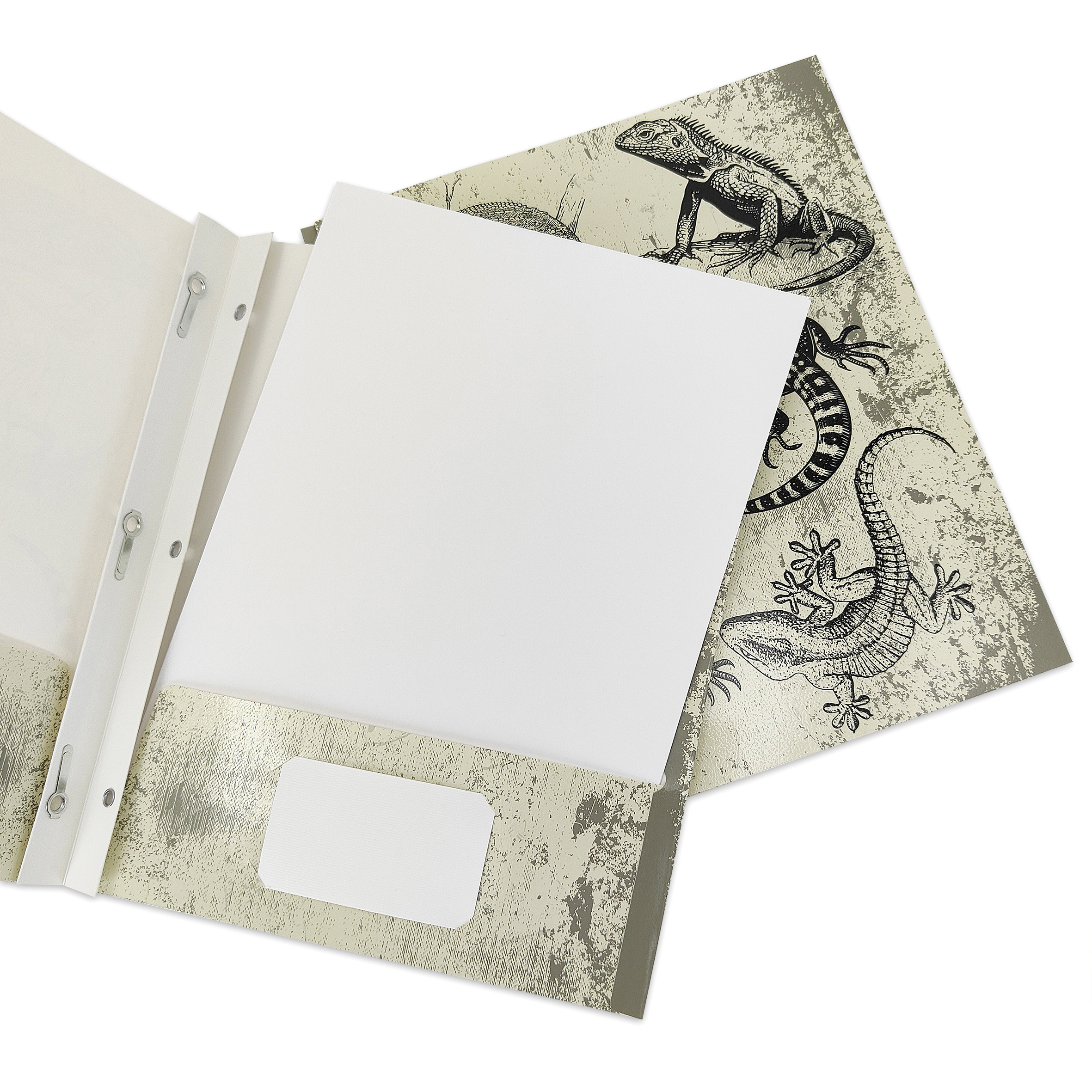 Carpeta de papel con 2 bolsillos y 3 pestañas Pen+Gear, lagartijas beige y negras 3