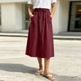 thumbnail image 3 of STETMN Women's Midi Skirt,Drawstring Waist, Button Trim, A-Line Cotton Linen Casual Skirt with Pockets, 3 of 8