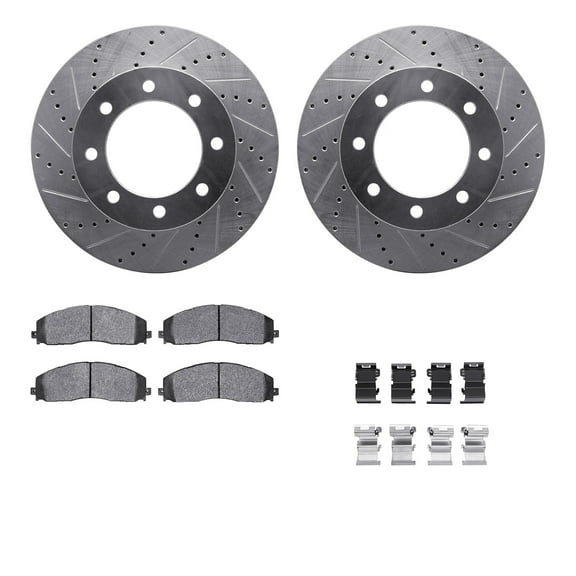 Dynamic Friction Company Front Brake Rotors-Drilled and Slotted-Silver with Heavy Duty Brake Pads includes Hardware 7212-99235