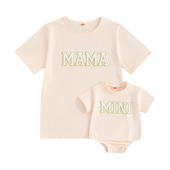 Mommy and Me Matching Shirts Outfit Cute Letter T-Shirts/Rompers Short Sleeve Tops Mom and Mini Matching Outfits Summer Clothes