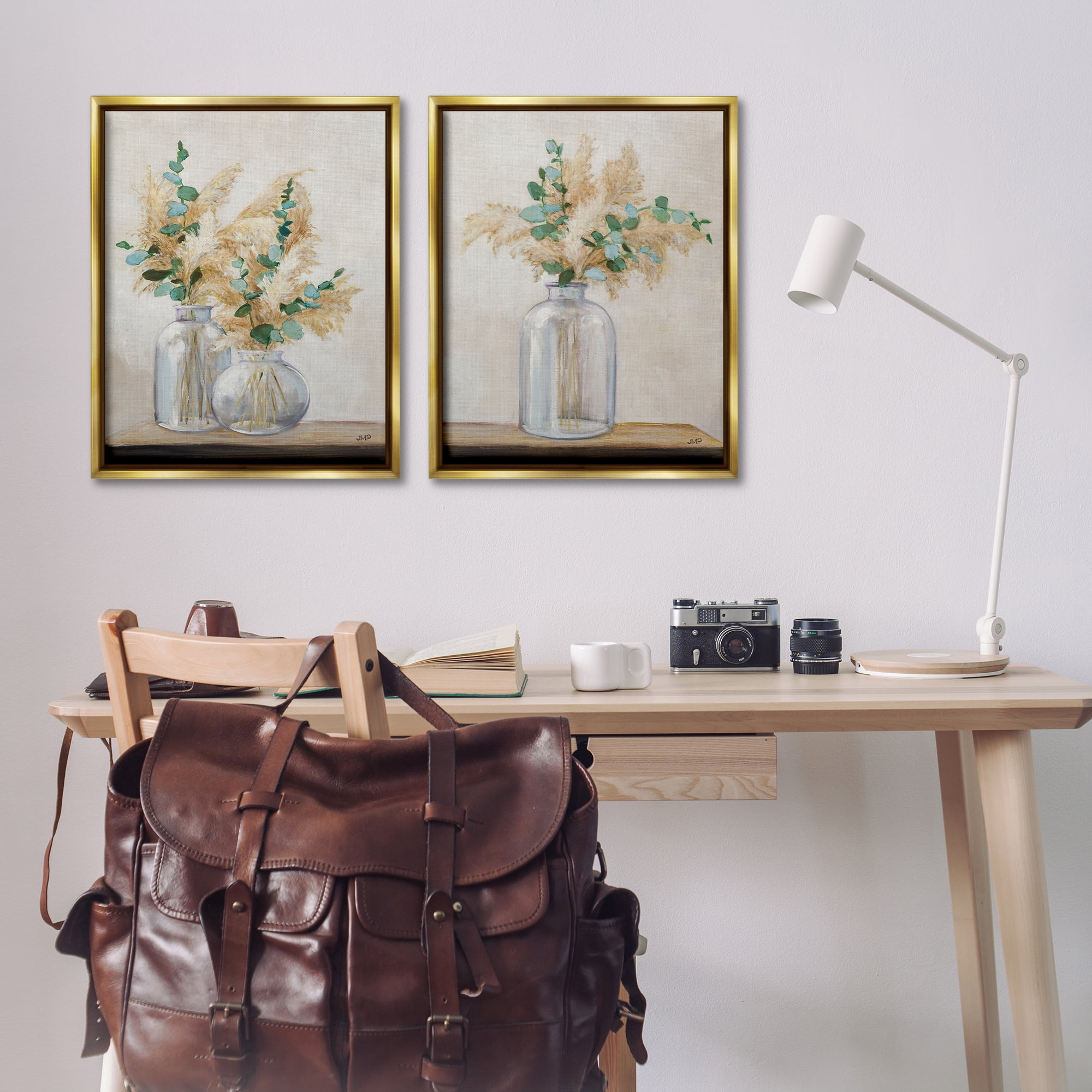 Stupell Industries Pampas Eucalyptus Bouquet Plants & Flowers Painting Gold Floater Framed Canvas Art Print Wall Art, 31 x 25, Set of 2