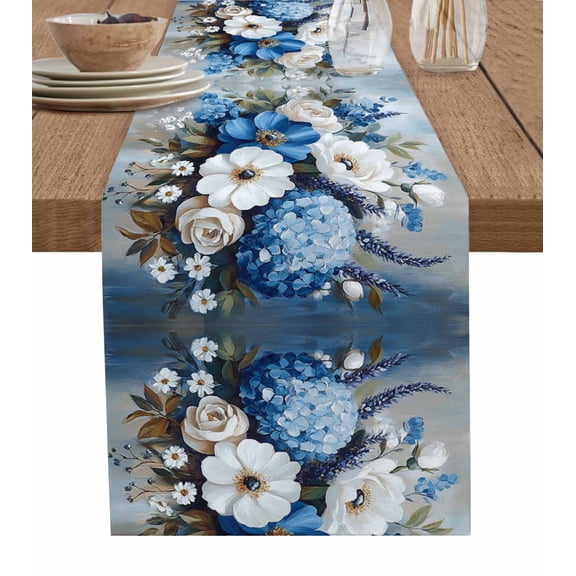 Ldtrchee White Blue Flower Table Runner 60 Inches, Modern Eucalyptus Daisy Oil Painting Bed Runner Dresser Scarves Tabletop for Indoor Outdoor Parties/Ceremony/Banquet, 13" x 60"