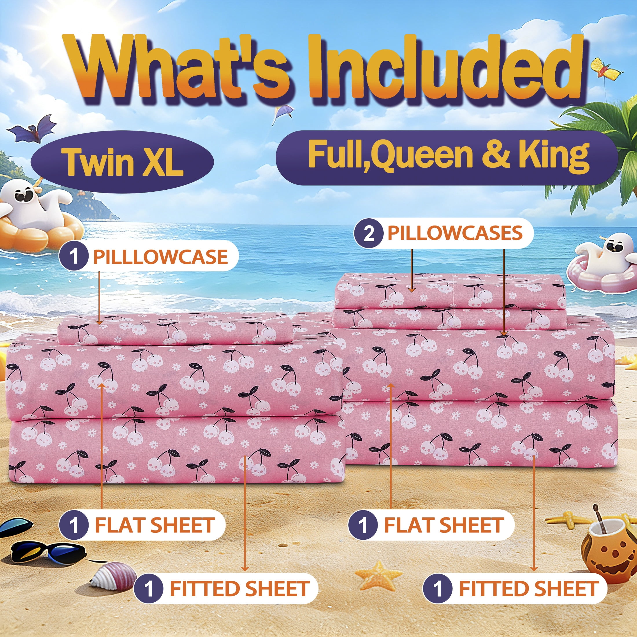 Summerween Soft Microfiber Sheet Set, Pink & White Skull Cherries, Full
