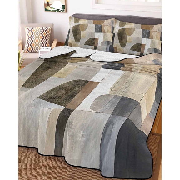 Abstract Black Brown King Size Down Alternative Comforter, Lightweight Comforter Quilt Bedding Set with Pillow Shams Vintage Geometric Art All Seasons Bed Comforter Duvet Insert 96"x106"