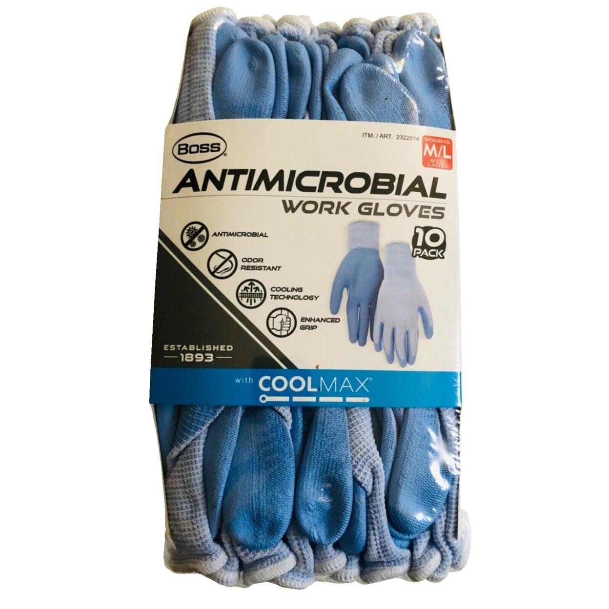 Boss Women's Antimicrobial Work Gloves with COOLMAX, Blue, M/L (Pack of