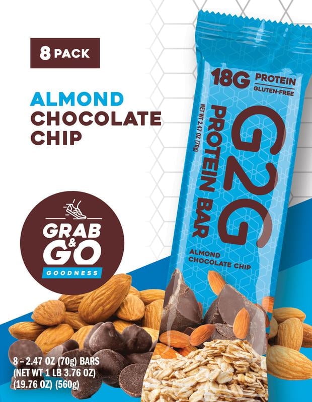 G2G Protein Bar, Almond Chocolate Chip, Gluten-Free, Clean Ingredients, Refrigerated for Freshness, (Pack of 8)