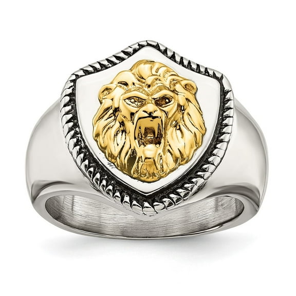 Auriga Fine Jewelry Stainless Steel with 14K Gold Accent Antiqued and Polished Lion on Shield Ring Size 10