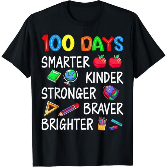 Happy 100 Days of School 100th Day of School Kids Boys Girls T-Shirt, Back To School T-Shirt for Kids, Black, 180gsm, 100% Cotton