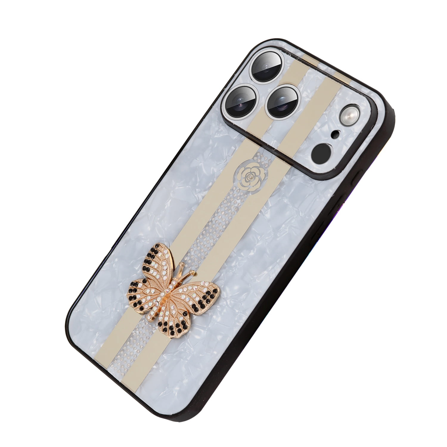 Shiny Rhinestone Butterfly Cover for iPhone 17 Pro Max - White