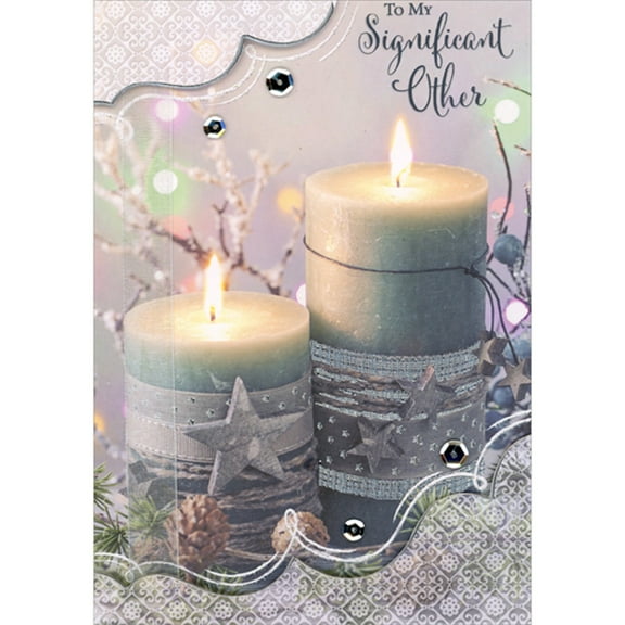 Designer Greetings Two Candles with Stars, White Ribbon, 3D Die Cut Borders and Silver Sequins Hand Decorated Christmas Card for My Significant Other