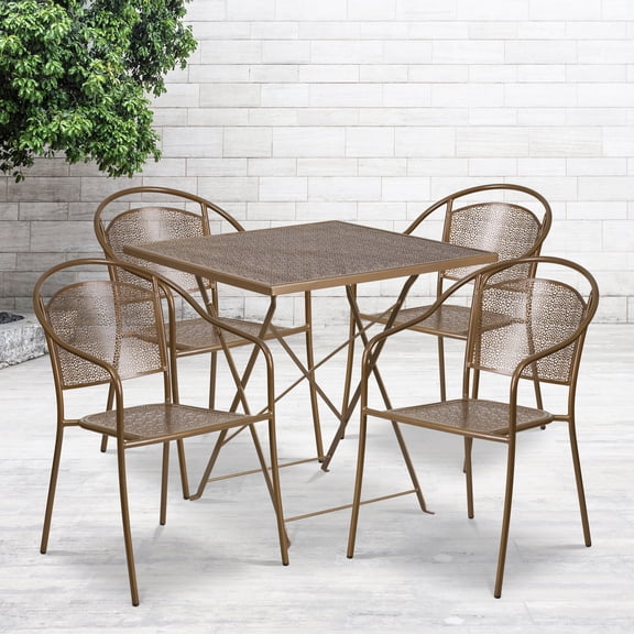 Flash Furniture Commercial Grade 28" Square Gold Indoor-Outdoor Steel Folding Patio Table Set with 4 Round Back Chairs