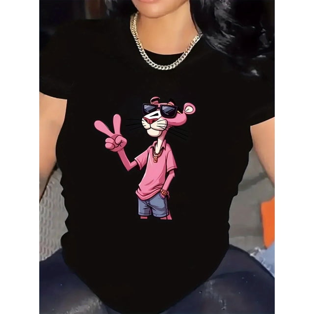 Women Crewneck Print Short Sleeve T-Shirts Summer Tees Loose Fit Graphic TopsCasual Cartoon Graphic T-Shirt for Women - Crew Neck Tee with Pink Panther Print - Fashionable Sporty Top for All Season