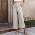 thumbnail image 2 of Brondbend Tall Straight Leg Pants Women Casual Long Pants for Women Soild Color Elastic High Waist Cotton Linen Trousers with Pocket Loose Fit Fall Vacation Work Versatile，Beige, 2 of 7