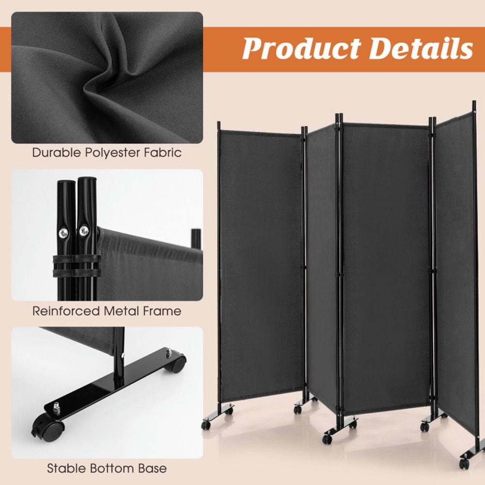 Kadyn Partition Room Dividers,Privacy Screen, 4-Panel Folding Room Divider 6 Feet Rolling Privacy Screen with Lockable Wheels-Gray