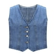 thumbnail image 4 of Womens Cropped Denim Vest Button Front Sleeveless Jean Jackets Casual Y2k Western Waistcoat Dark Blue, S, 4 of 7