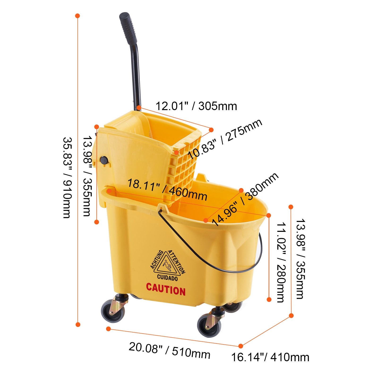 KFFKFF Commercial Mop Bucket with Wringer 26 Qt. Rolling Floor Cleaning Trolley