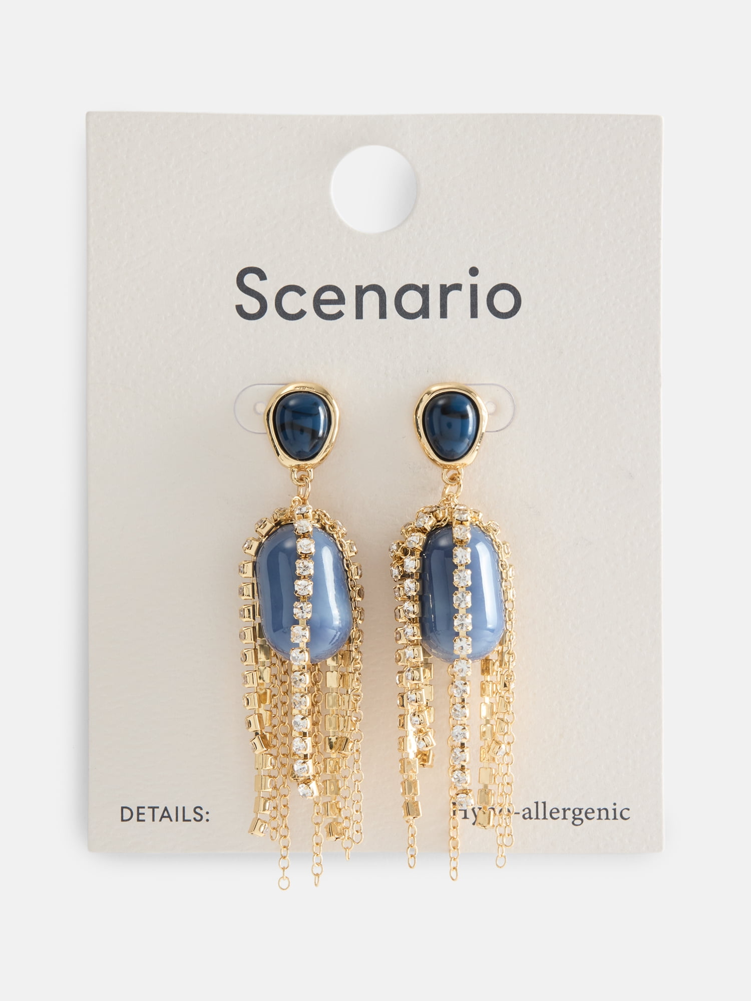 Scenario Women's Gold-Tone Faux Pearl Blue Swirl Stone Rhinestone Chain Drop Earrings