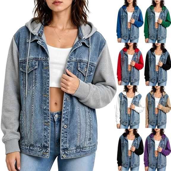 Hvogkswy Hooded Denim Jacket for Women Long Sleeve Button Down Jean Jacket with Multi-Pocket Fall/Winter Casual Warm Denim Jacket