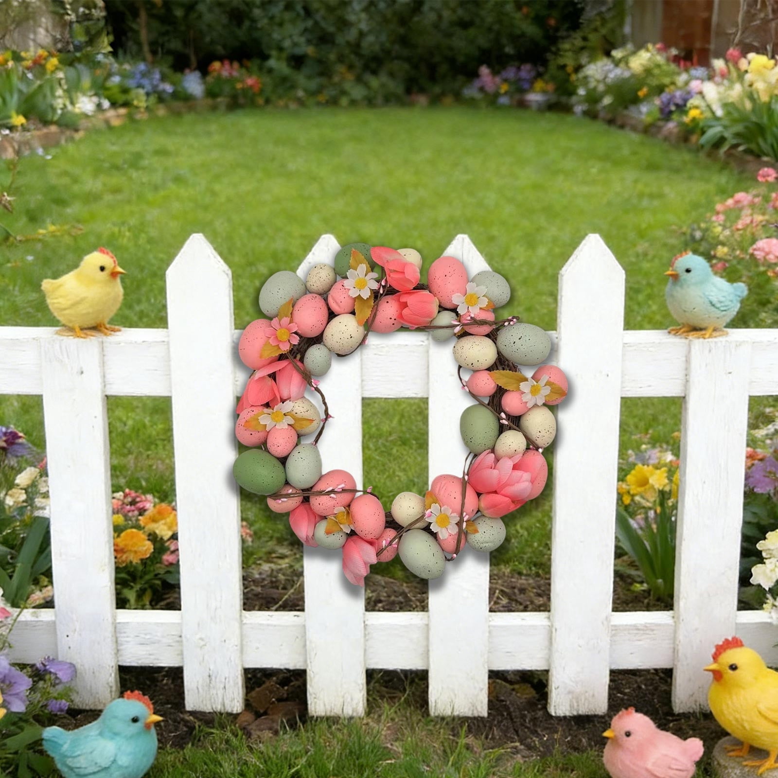 Outdoor Home Decor, Easter Egg Wreath Artificial Rattan Ring Door Hanger Home Party Decor A