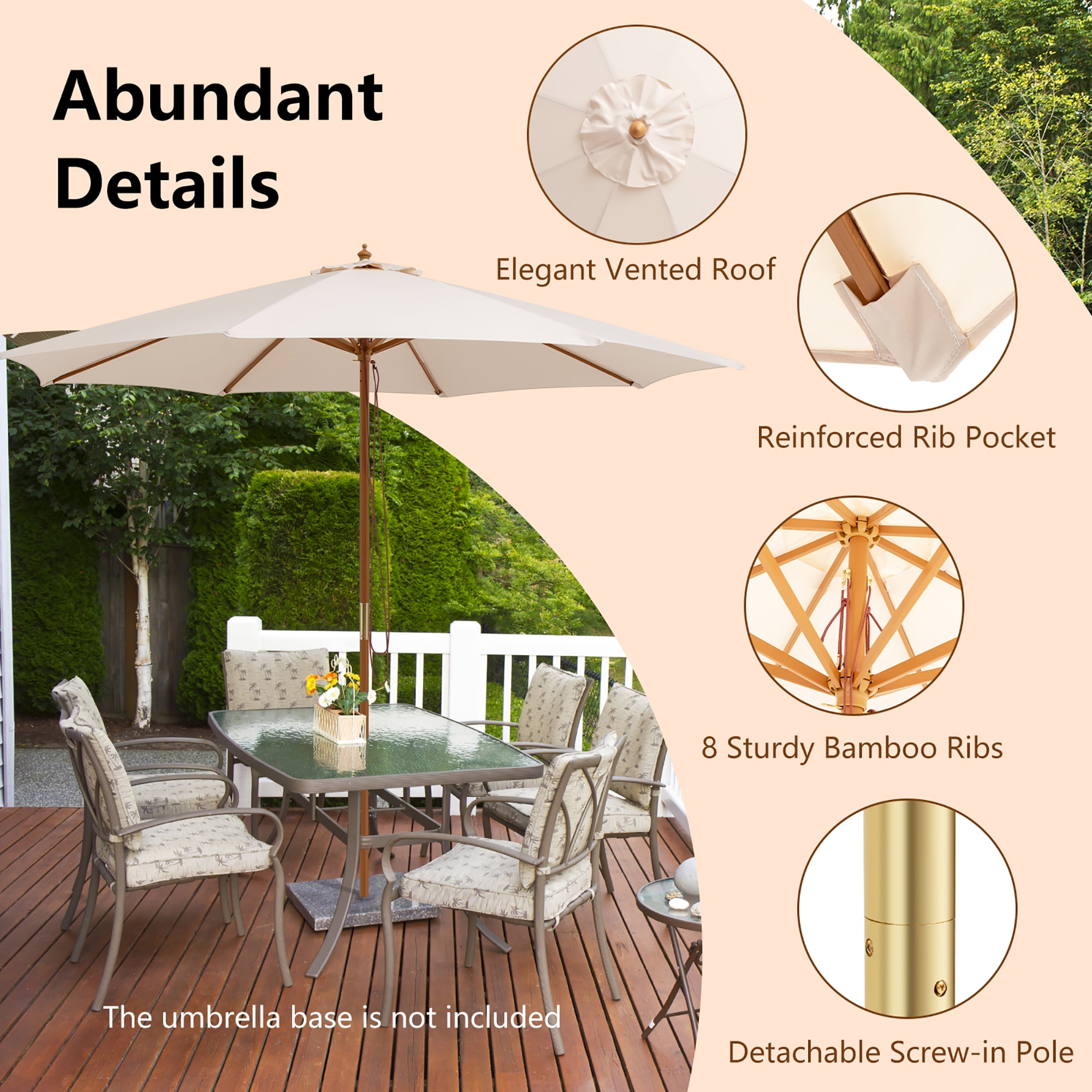 Costway 10FT Patio Wooden Market Table Umbrella Pulley w/8 Bamboo Ribs Sunshade Canopy Beige