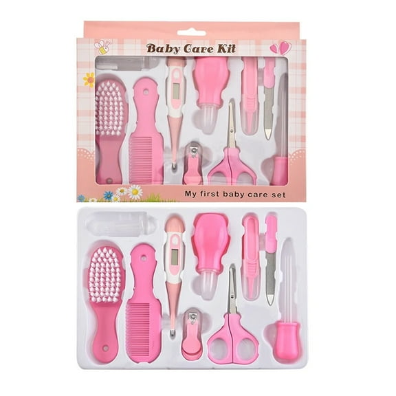 11 in 1 Newborn Nursery Care Set Baby Grooming Kit Baby Nail Clipper Brush Comb Earpick Nose Clean Tool Bath Temperate Tool, for Newborn Infant Girls Boys, Pink