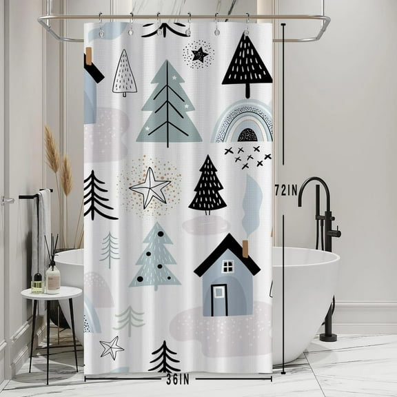 Christmas Waffle Shower Curtain for Bathroom 36x72inches Christmas Trees Stall RV Shower Curtain Set with Hooks Light Blue Black Cartoon X-mas Trees Cottage Waterproof Fabric Shower Curtain