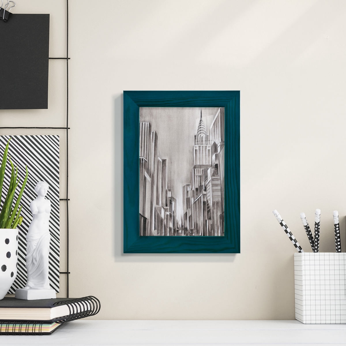 Art Deco Cityscape I -Framed Print w/glass-Ocean Blue