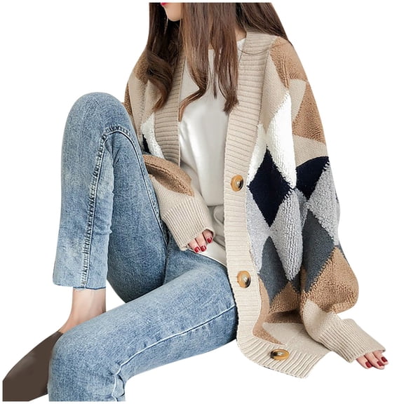 Amidoa Sweaters for Women Yellow Long Sleeve Cardigan Button up Winter Oversized Argyle Cardigans for Women Free Size