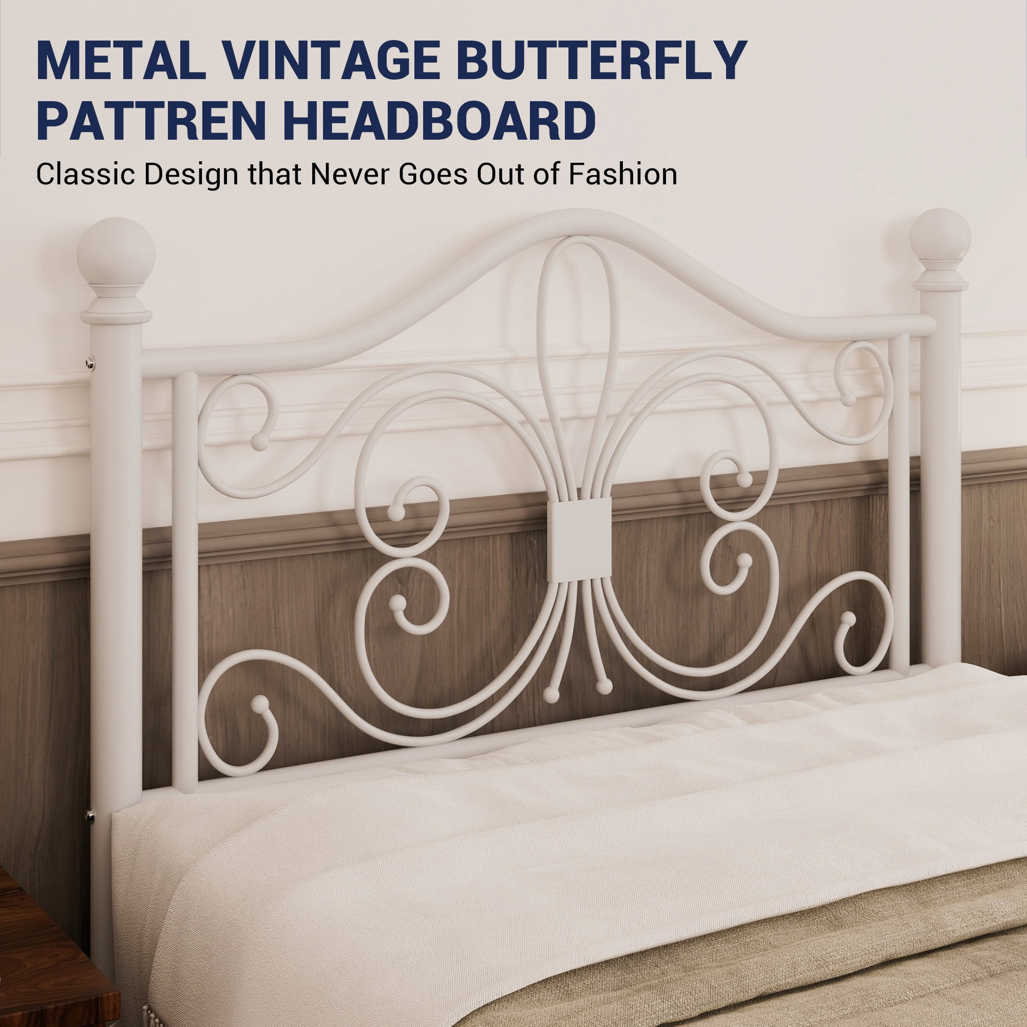 Allewie Twin Size Vintage Metal Bed Frame with Butterfly Pattern Design Headboard & Footboard, White