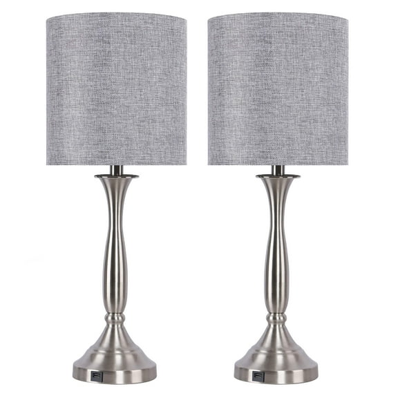 25.5" Brushed Nickel Table Lamps w/ USB Port in Base and Grey Linen Shades (Set of 2)