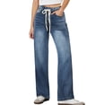 thumbnail image 1 of Women's Wide Leg Jeans High Waisted Stretchy Straight Leg Baggy Drawstring Zimbaplatinum Denim Pants, 1 of 5