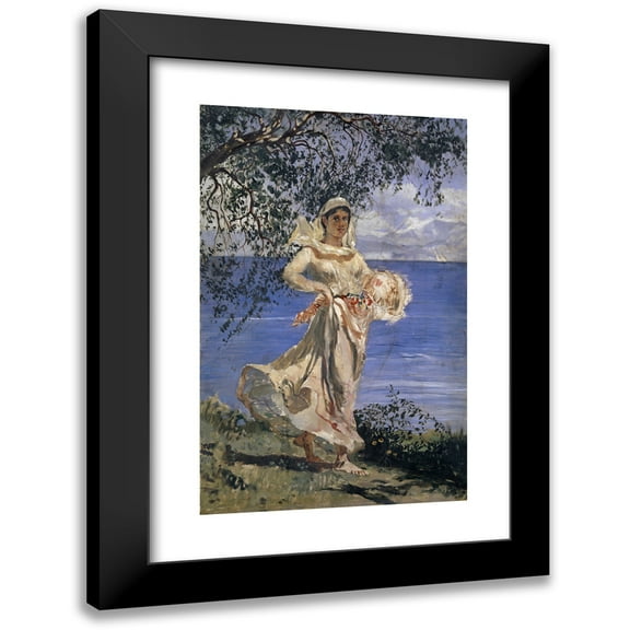 Frank Buchser 11x14 Black Modern Framed Museum Art Print Titled - Young Woman in Full Figure at a Lake-Shore (Diamantina) (1884)