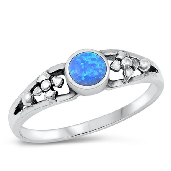CHOOSE YOUR COLOR Sterling Silver Blue Simulated Opal Flower Ring Band .925 CZ Female Size 7