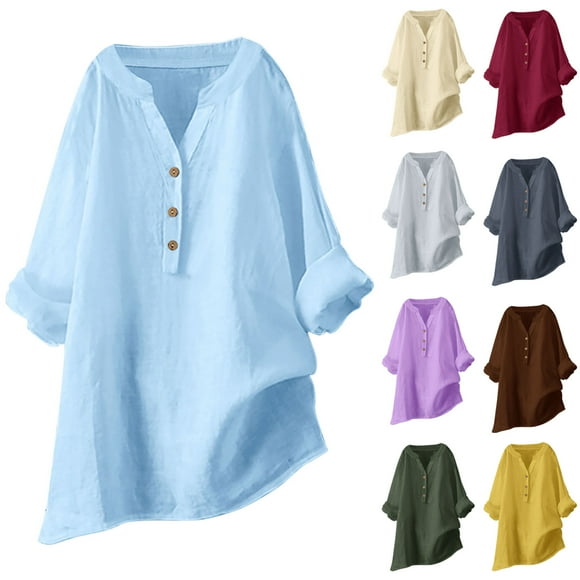 JURANMO Linen Shirts for Women Summer Beach Long Sleeve V Neck Button Tops Solid Color Dressy Casual Tunic 2025 Loose Blouse Vacation Clothse Yellow XXXXXL Spring Savings