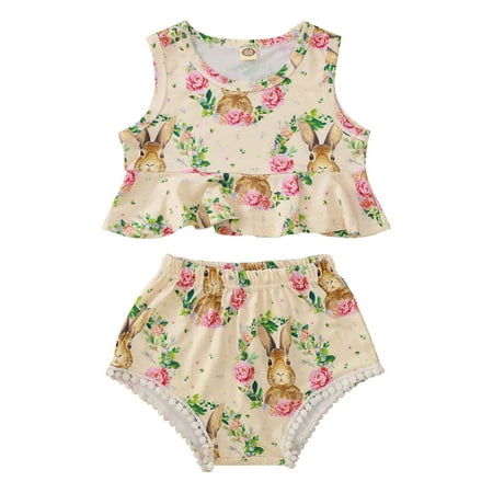 

Toddler Girls Easter Sleeveless Tops Cartoon Rabbit Flowers Prints Summer Short Pants Romper Outfits