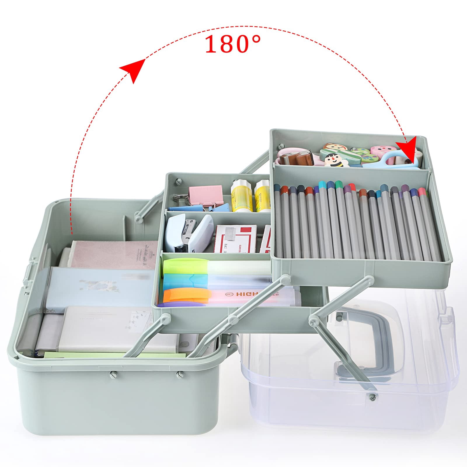 3-Layer Plastic Dividing Storage Box Craft Organizer and Storage with Adjustable Spacers Portable Handled Art Supply Organizer Multipurpose Home Utility Box for Medicine Sewing(Haze Green)