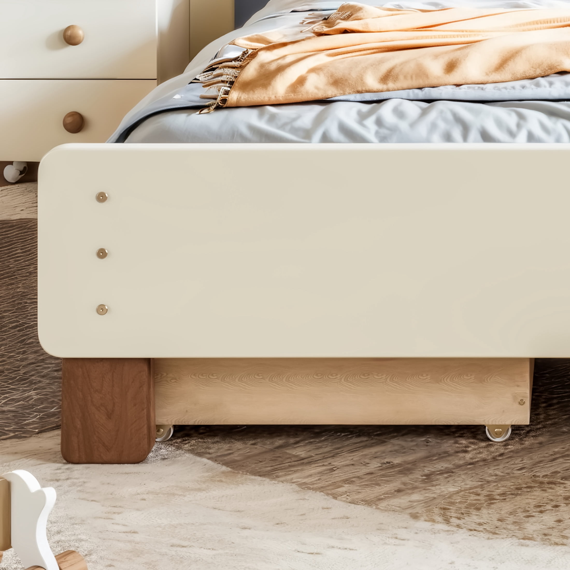 GDF Studio Twin Size Platform Bed with Storage Drawers, Round Headboard, No Box Spring Needed, Beige+Brown