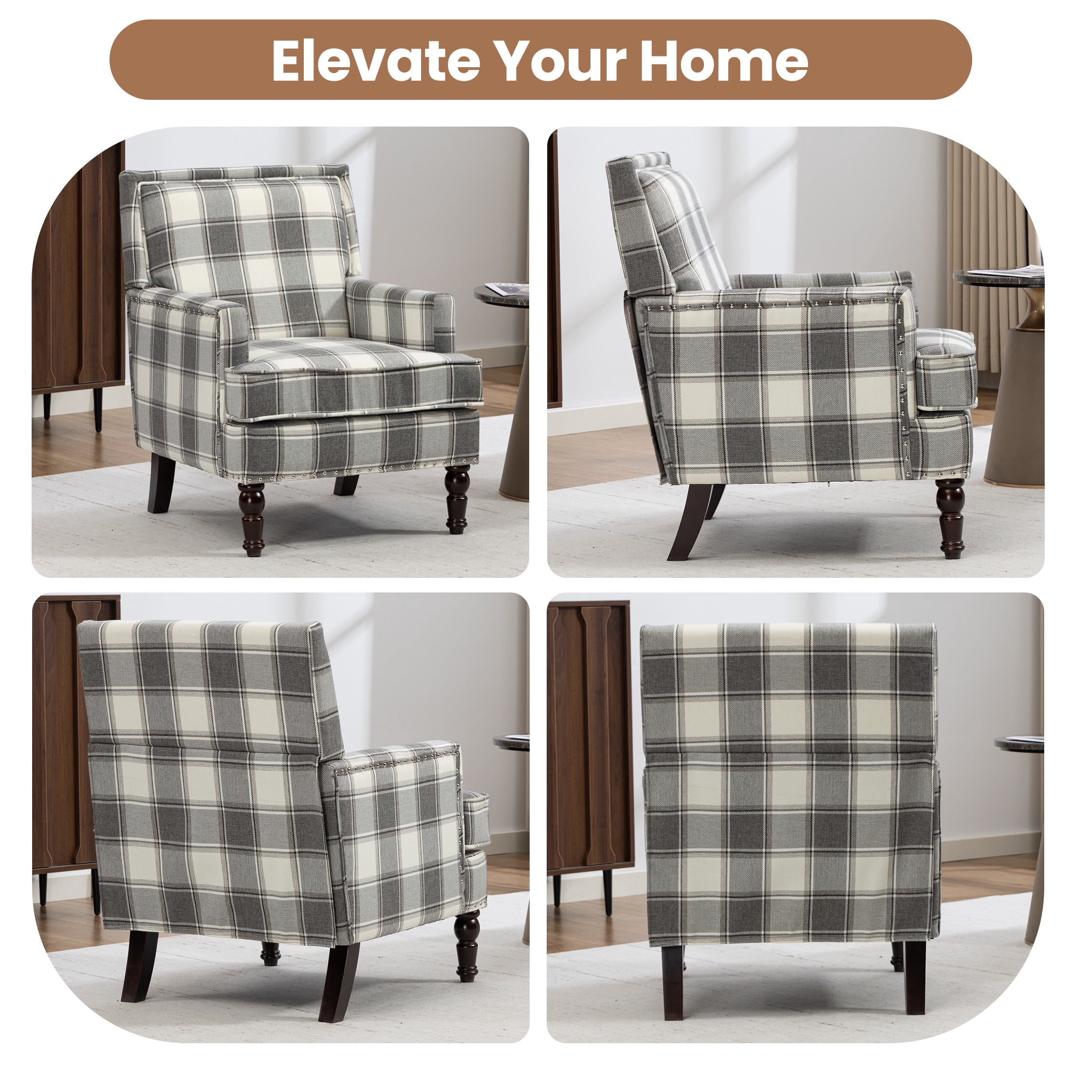 LEGAHOME Vintage Accent Chair, Upholstered Armchair with Nailhead Trim, Linen Fabric Arm Chair Comfort Reading Chair Lounge Chair for Living Room Bedroom Sunroom, Antique Grey(1PC)