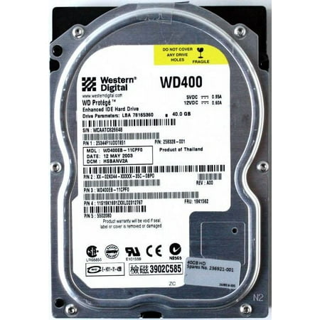 40GB IDE HDD, WD PROTEGE WD400EB-11CPF0, LBA 78165360, 258328-001, DCM: HSBANV2A, 19K1562, 236921-001