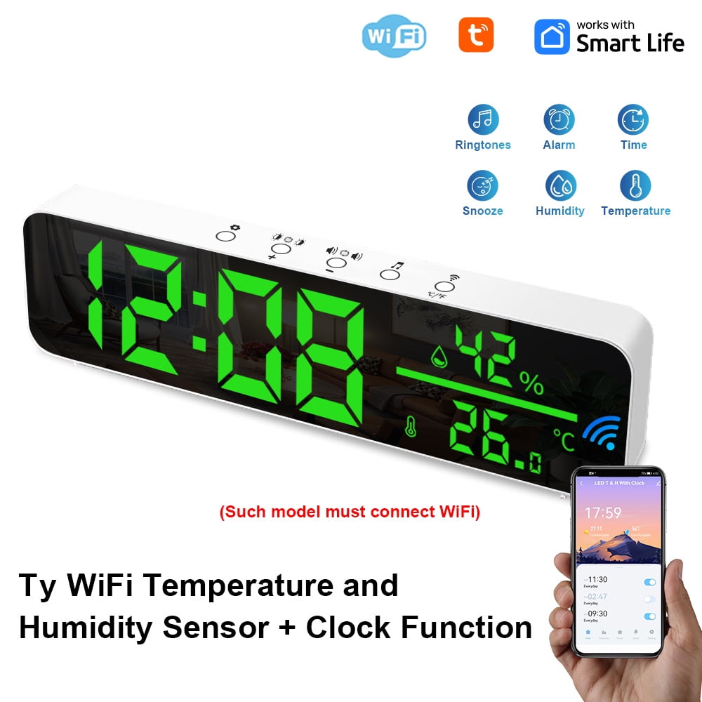 WiFi Digital Clock with Temperature and Humidity Sensor APP Smart Alarm Clock LED Time Display Real-time Monitoring Temp Humidity for Living Room Office Bedroom Decor Indoor Thermometer