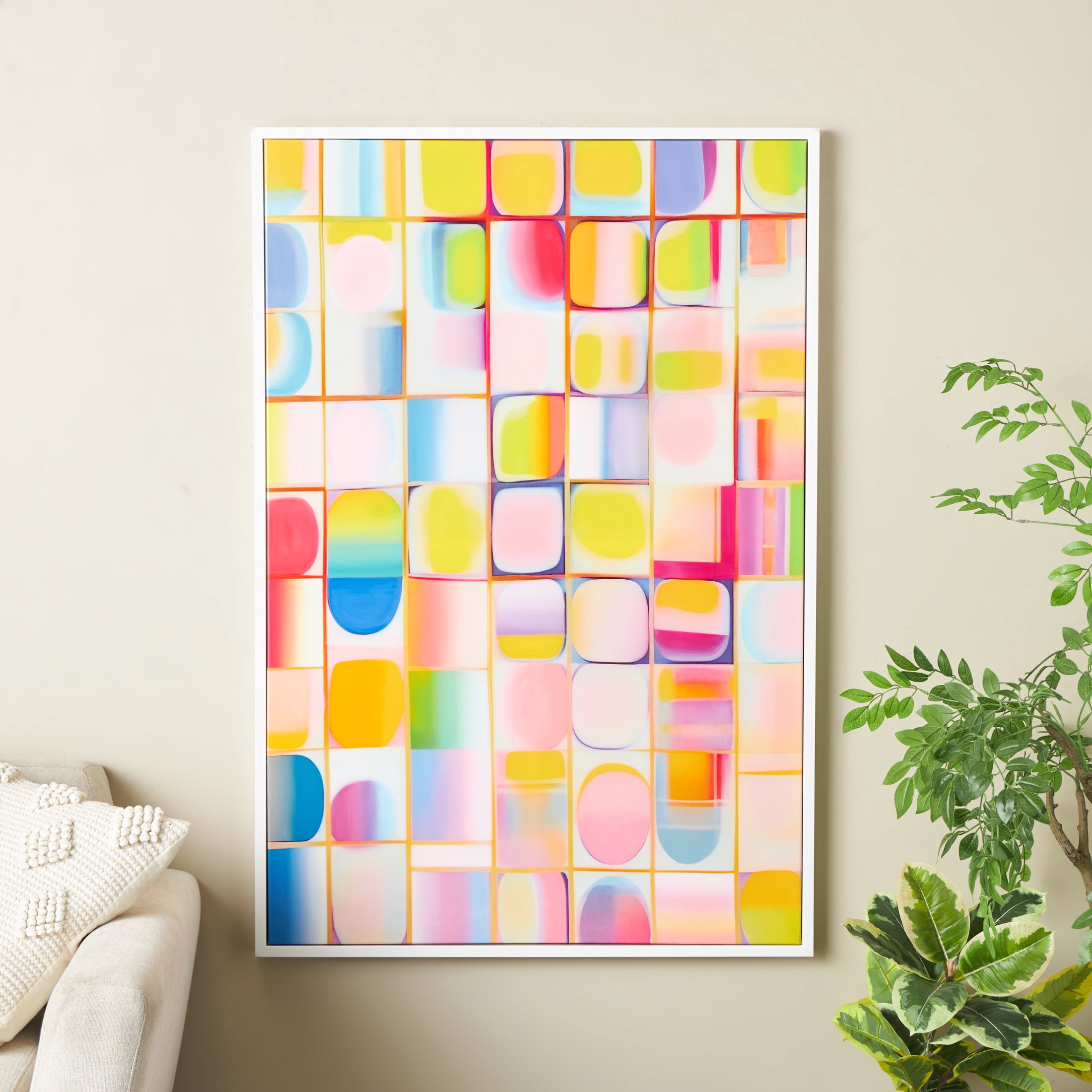 33" x 49" Ombre Square Pop Art Geometric Framed Wall Art with White Frame, by DecMode