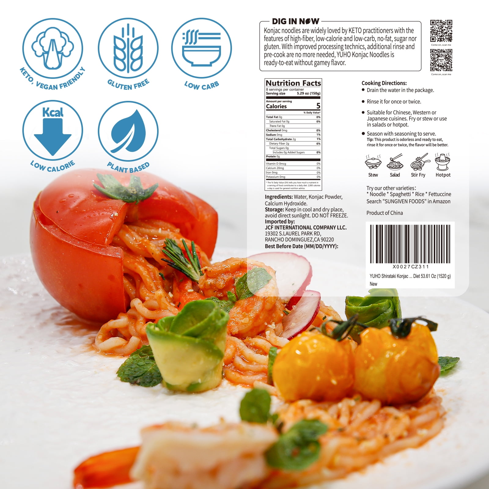 YUHO Shirataki Konjac Angel Hair Noodles, 8 Pack, Vegan, Low-Calorie, 53.61 oz