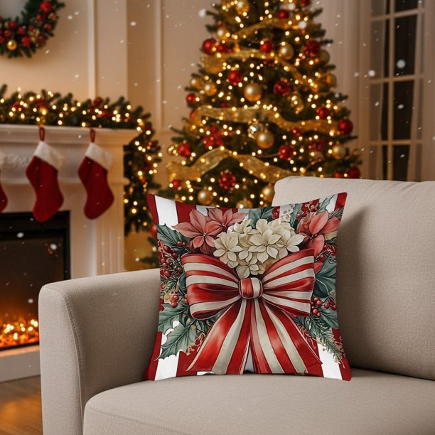 Juego de 3 fundas de cojín navideñas | Rayas rojas y blancas con lazo, corona y flores | Fundas de cojín decorativas de mezcla de lino para sofá cama | 45 x 45 cm